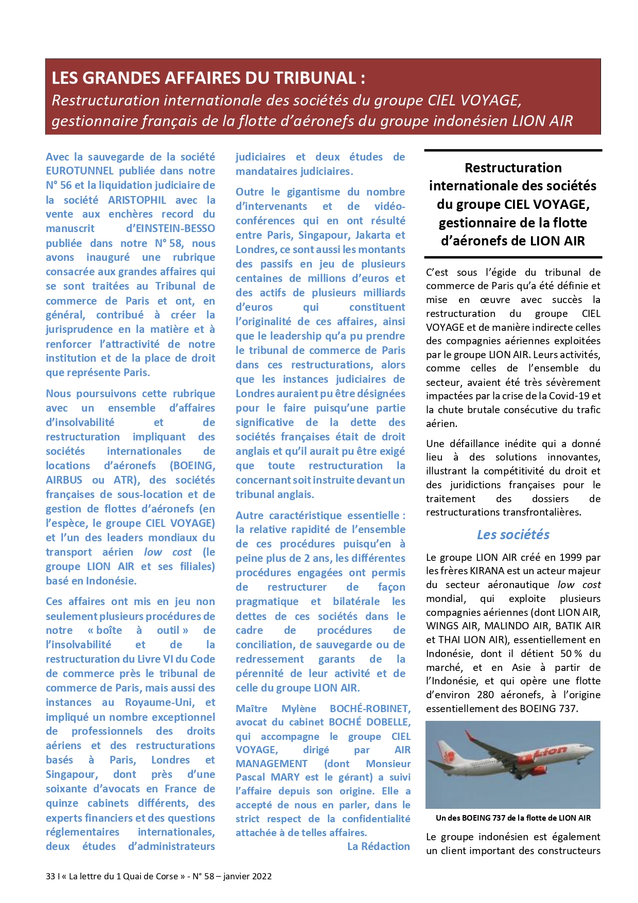 LES GRANDES AFFAIRES DU TRIBUNAL : Restructuration internationale des sociétés du groupe CIEL VOYAGE, gestionnaire de la flotte d’aéronefs de LION AIR.